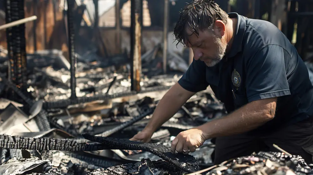 Worker inspecting fire-damaged electrical wiring and scrap metal for safe recycling at a licensed recycling facility in Adelaide.