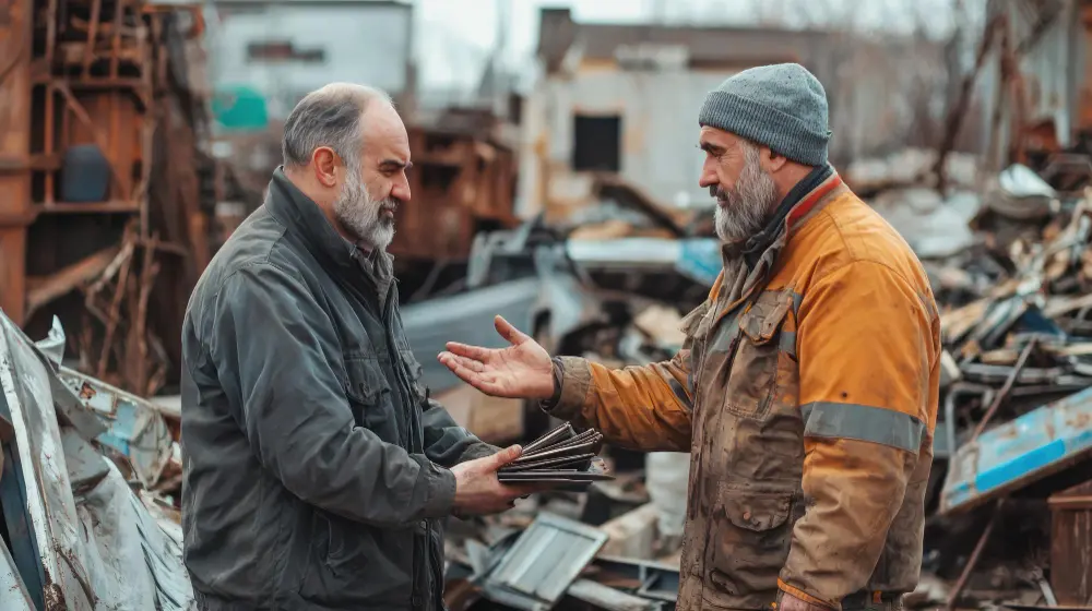 Customer completing a scrap metal transaction with a licensed recycler at a scrap yard in Adelaide while complying with South Australian scrap metal laws.
