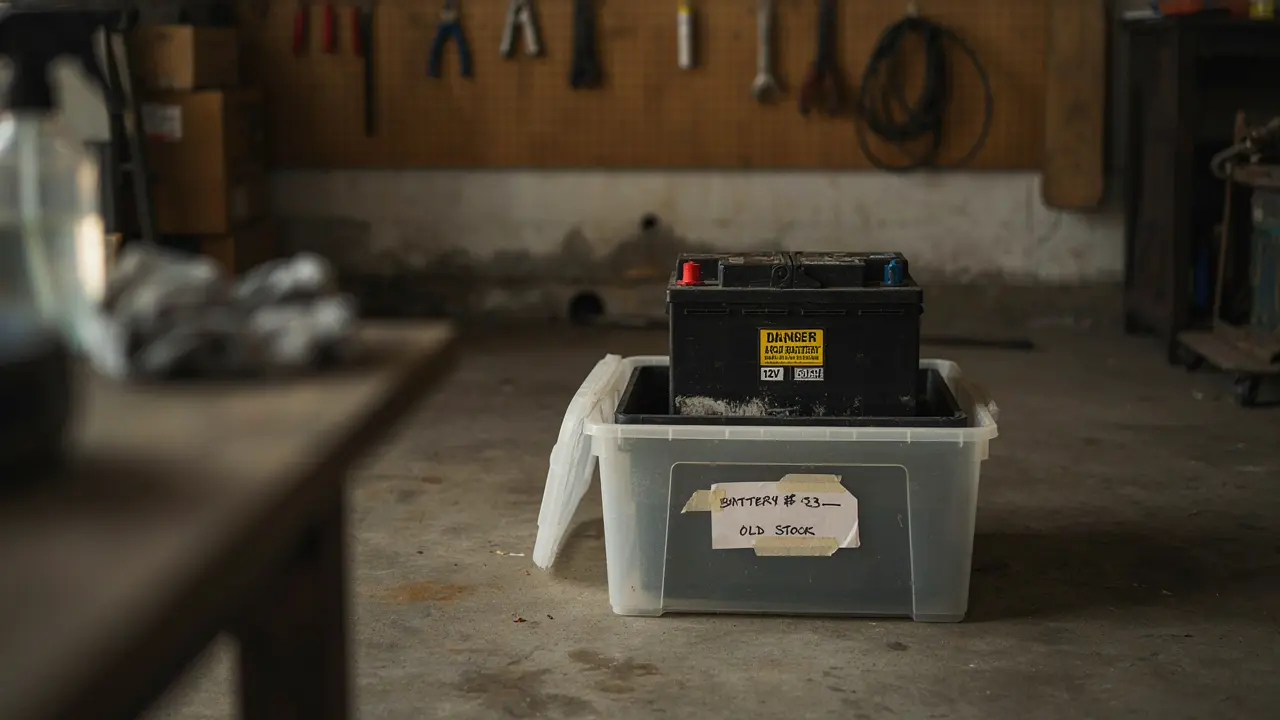 Old car battery stored upright in a clear plastic tub on a garage floor, with a danger acid battery label and tools hanging on the wall behind