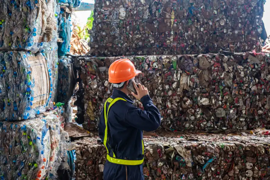 Worker inspecting compressed recyclable metal cans and plastic bales at a recycling facility supporting waste reduction in Adelaide.
