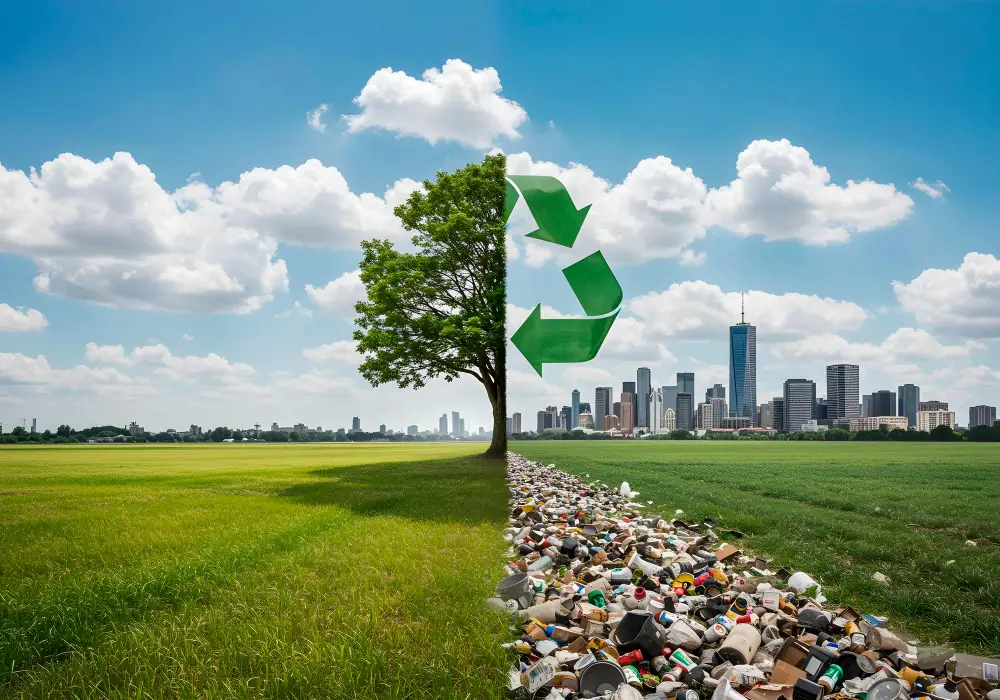 Recycling symbol over a city landscape illustrating how scrap metal recycling reduces waste and supports a sustainable circular economy in Australia.